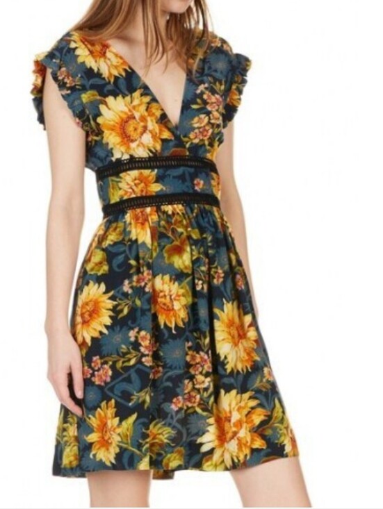 Sandro Dresses & Skirts - Sandro Silk Sunflower Print V Neck Ruffle Mini Dress Size XS/2